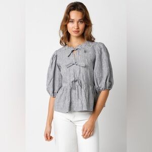 Nati Striped Puff-Sleeve Peplum Top - Navy/White